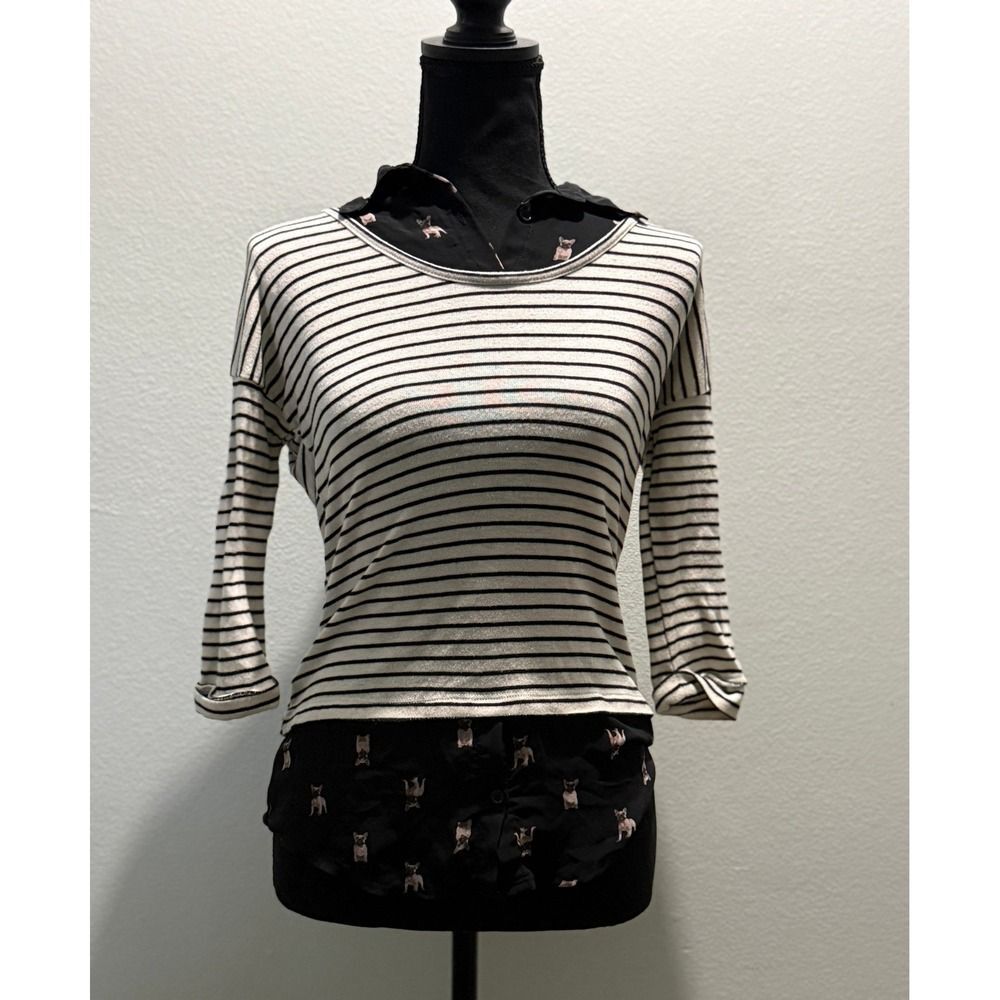 Red Camel Striped 3/4 Sleeve W/ French Bulldog Print Collar on Hem Size XS MINT